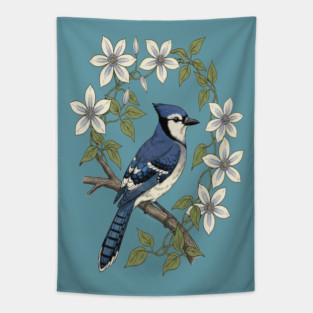 Blue Jay Clematis Botanical Bird Art Tapestry