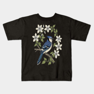 Blue Jay Clematis Botanical Bird Art Kids T-Shirt