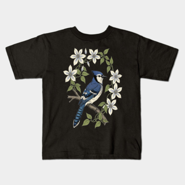 Blue Jay Clematis Botanical Bird Art Kids T-Shirt by BirdsnStuff