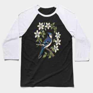 Blue Jay Clematis Botanical Bird Art Baseball T-Shirt