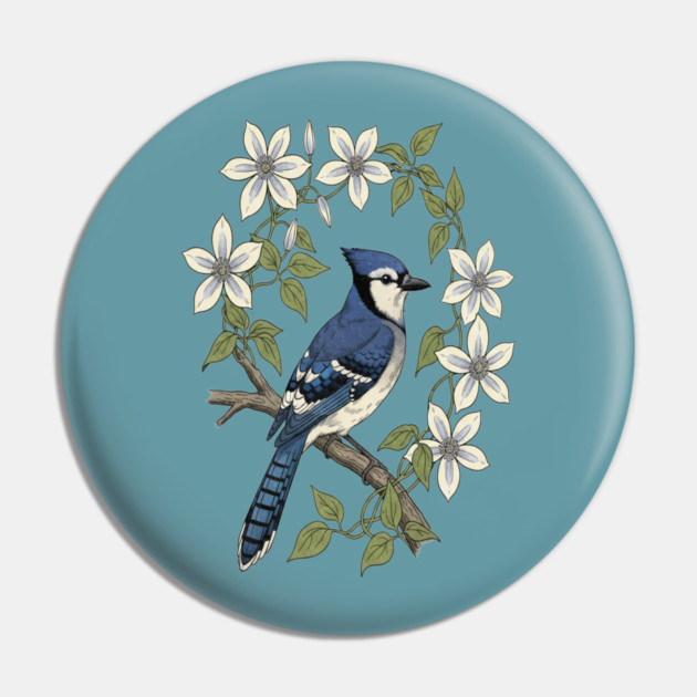 Blue Jay Clematis Botanical Bird Art Pin by BirdsnStuff
