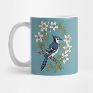 Blue Jay Clematis Botanical Bird Art Mug