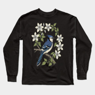 Blue Jay Clematis Botanical Bird Art Long Sleeve T-Shirt