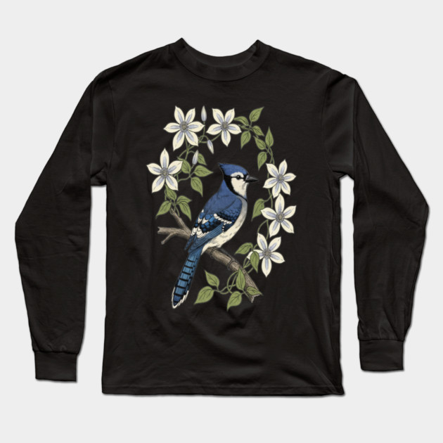 Blue Jay Clematis Botanical Bird Art Long Sleeve T-Shirt by BirdsnStuff