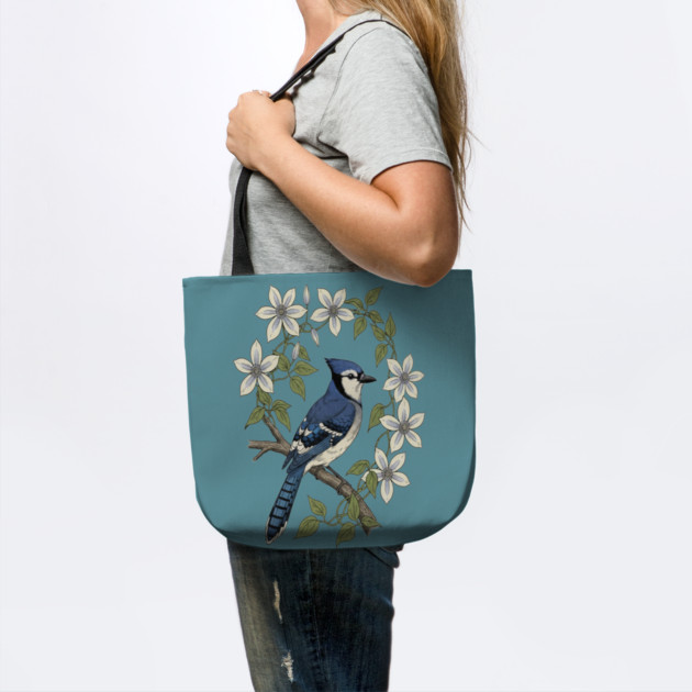 Blue Jay Clematis Botanical Bird Art by BirdsnStuff