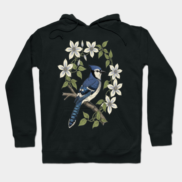 Blue Jay Clematis Botanical Bird Art Hoodie by BirdsnStuff