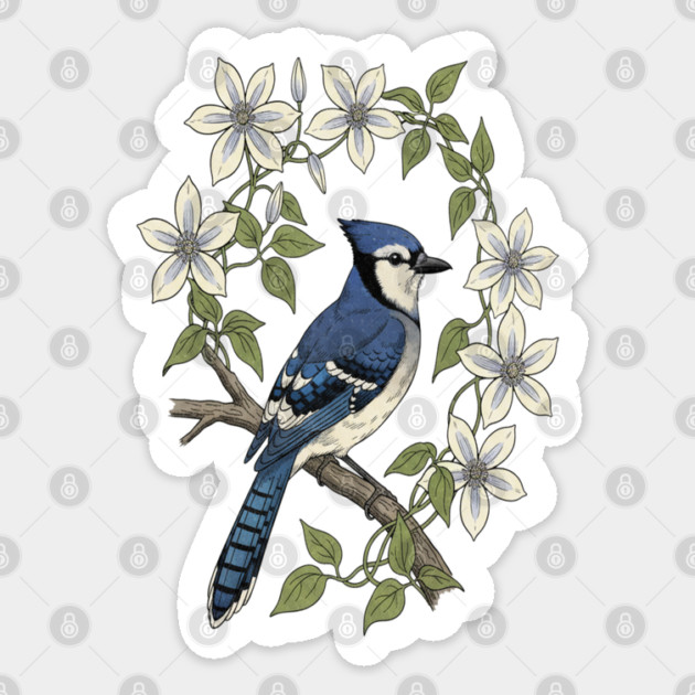 Blue Jay Clematis Botanical Bird Art Sticker by BirdsnStuff