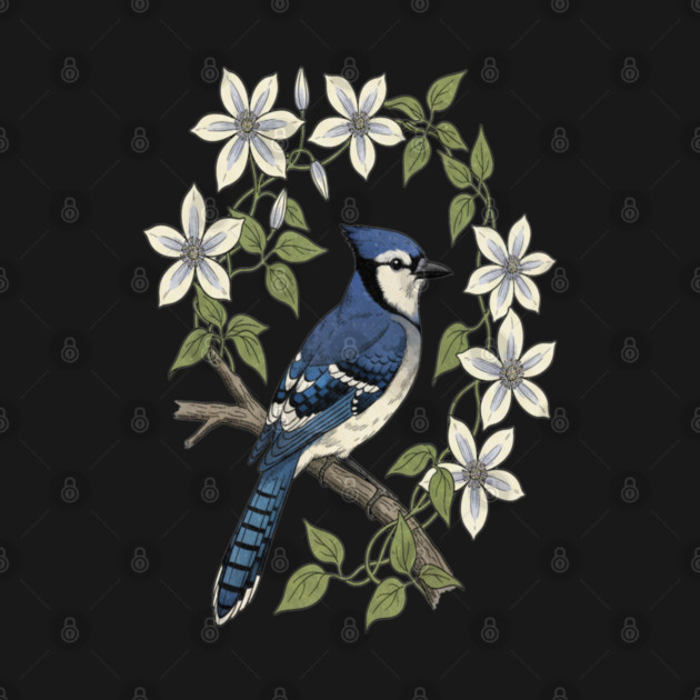 Blue Jay Clematis Botanical Bird Art by BirdsnStuff