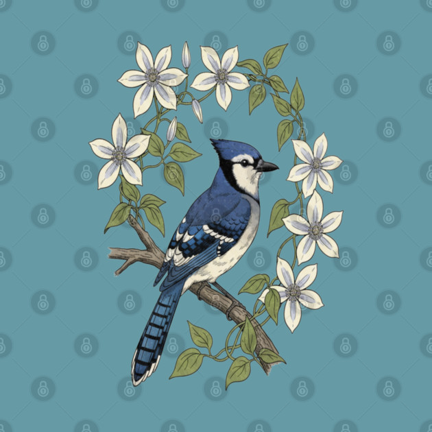 Blue Jay Clematis Botanical Bird Art by BirdsnStuff