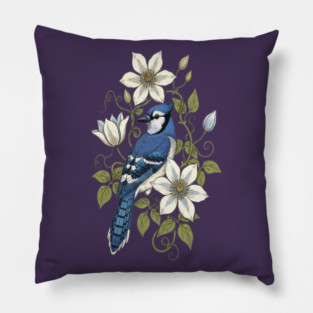 Vintage Blue Jay Clematis Botanical Bird Pillow