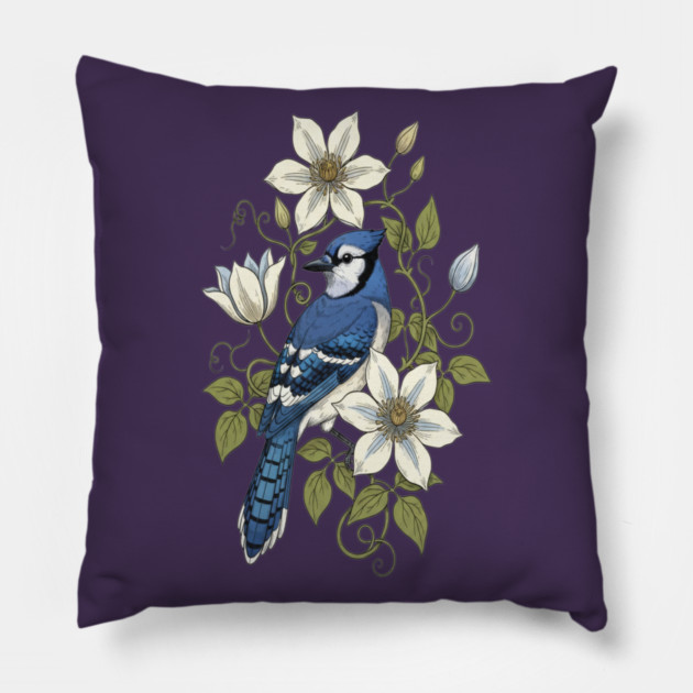 Vintage Blue Jay Clematis Botanical Bird Pillow by BirdsnStuff