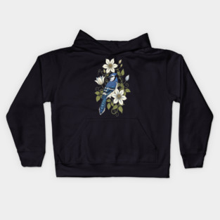 Vintage Blue Jay Clematis Botanical Bird Kids Hoodie