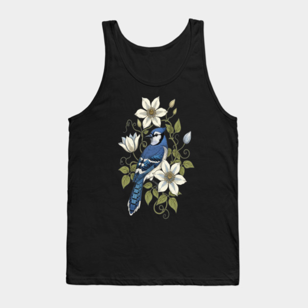 Vintage Blue Jay Clematis Botanical Bird Tank Top by BirdsnStuff