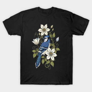 Vintage Blue Jay Clematis Botanical Bird T-Shirt