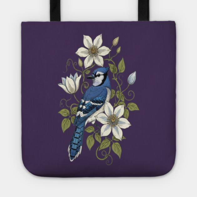 Vintage Blue Jay Clematis Botanical Bird Tote by BirdsnStuff