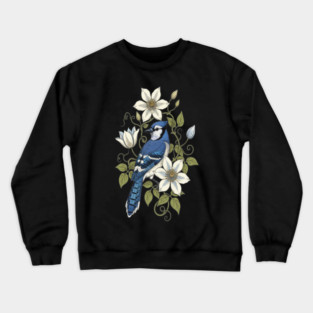 Vintage Blue Jay Clematis Botanical Bird Crewneck Sweatshirt