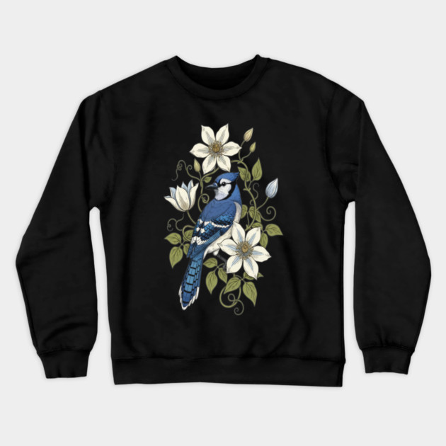 Vintage Blue Jay Clematis Botanical Bird Crewneck Sweatshirt by BirdsnStuff