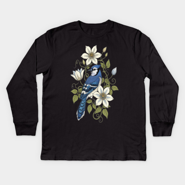 Vintage Blue Jay Clematis Botanical Bird Kids Long Sleeve T-Shirt by BirdsnStuff