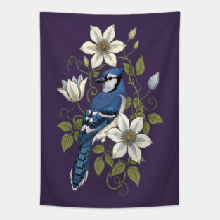 Vintage Blue Jay Clematis Botanical Bird Tapestry