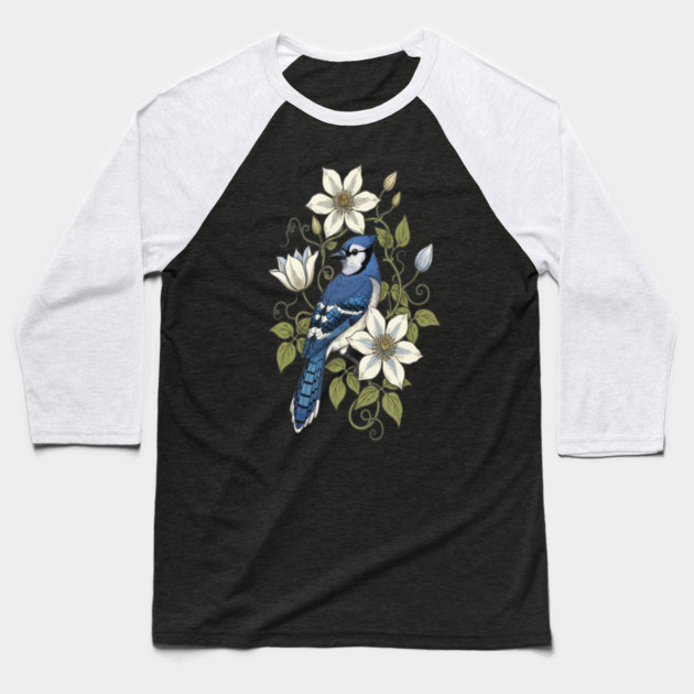 Vintage Blue Jay Clematis Botanical Bird Baseball T-Shirt by BirdsnStuff