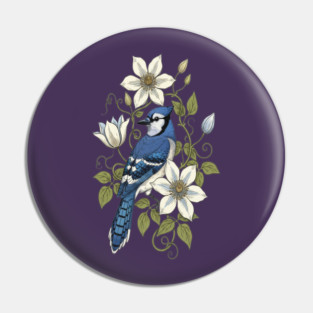 Vintage Blue Jay Clematis Botanical Bird Pin