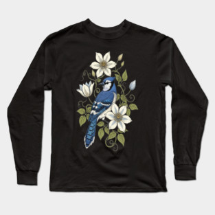 Vintage Blue Jay Clematis Botanical Bird Long Sleeve T-Shirt