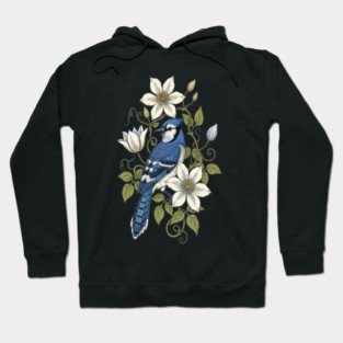 Vintage Blue Jay Clematis Botanical Bird Hoodie