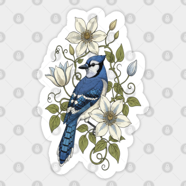 Vintage Blue Jay Clematis Botanical Bird Sticker by BirdsnStuff