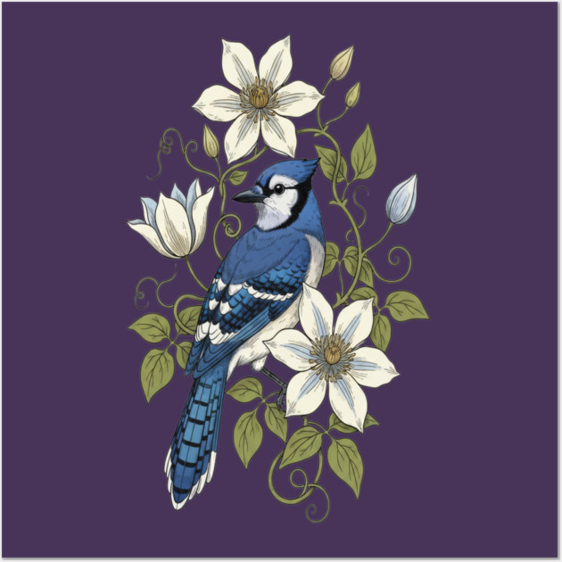 Vintage Blue Jay Clematis Botanical Bird Wall Art by BirdsnStuff