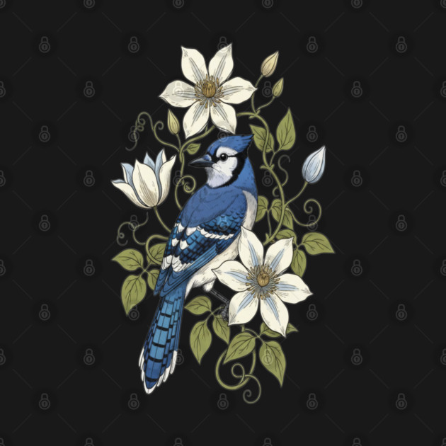 Vintage Blue Jay Clematis Botanical Bird by BirdsnStuff