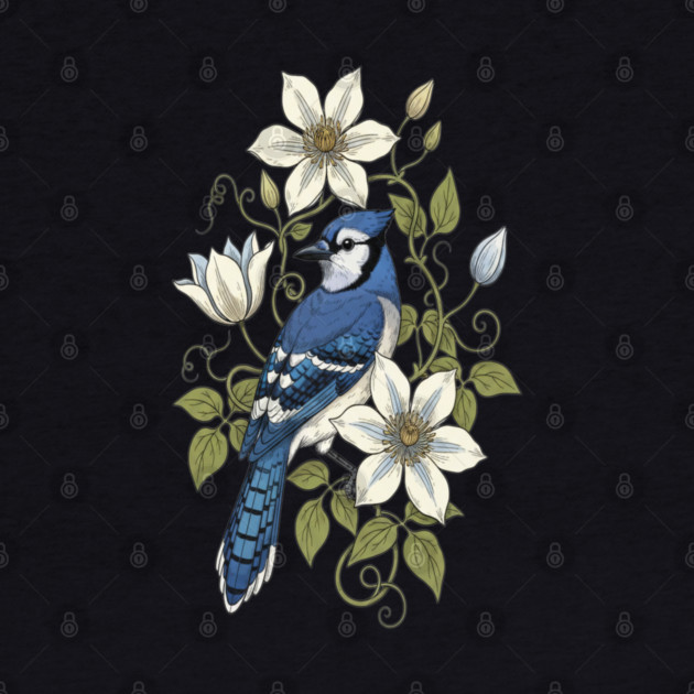 Vintage Blue Jay Clematis Botanical Bird by BirdsnStuff