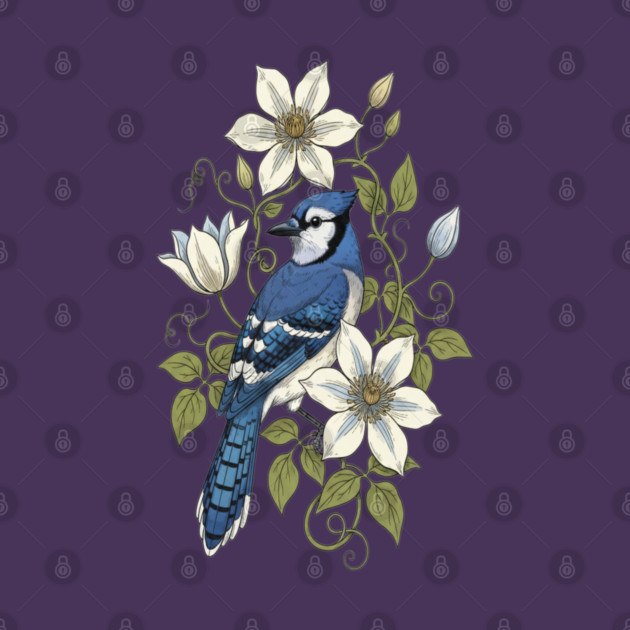 Vintage Blue Jay Clematis Botanical Bird by BirdsnStuff