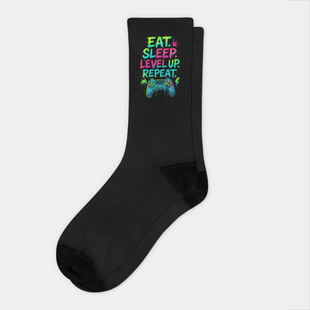 Eat Sleep Level Up Repeat Funny Gamer Video Game Socks by yangho