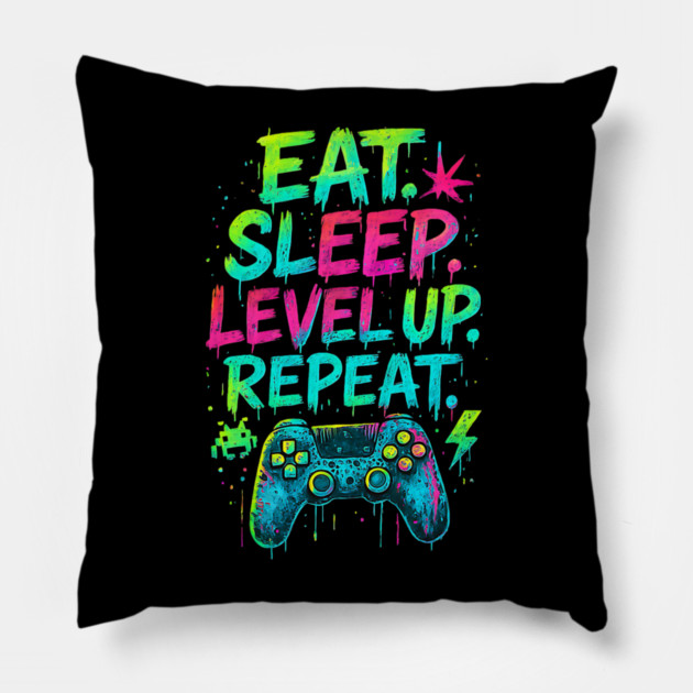 Eat Sleep Level Up Repeat Funny Gamer Video Game Pillow by yangho