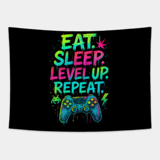 Eat Sleep Level Up Repeat Funny Gamer Video Game Tapestry