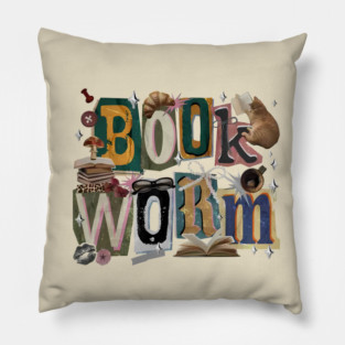 Bookworm Junk Journal Collage Aesthetic Literature Reader Vintage Pillow