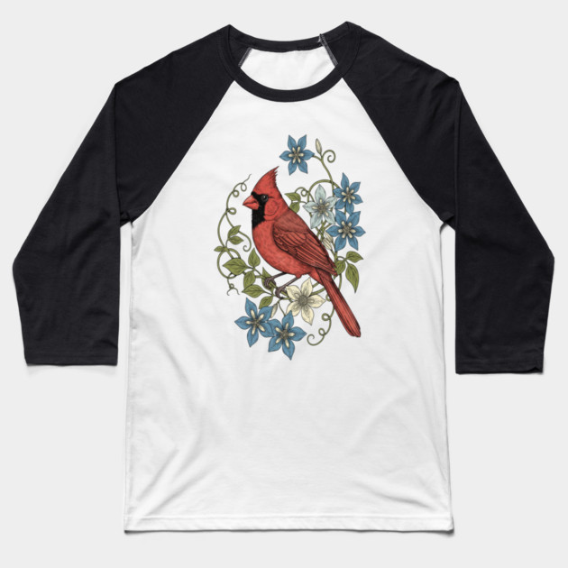 Vintage Cardinal Clematis Botanical Bird Lovers Art Baseball T-Shirt by BirdsnStuff