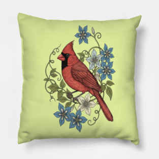 Vintage Cardinal Clematis Botanical Bird Lovers Art Pillow