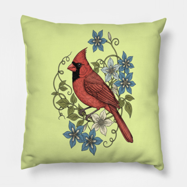 Vintage Cardinal Clematis Botanical Bird Lovers Art Pillow by BirdsnStuff