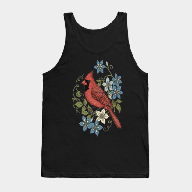 Vintage Cardinal Clematis Botanical Bird Lovers Art Tank Top by BirdsnStuff