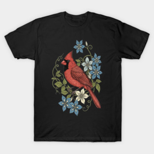 Vintage Cardinal Clematis Botanical Bird Lovers Art T-Shirt