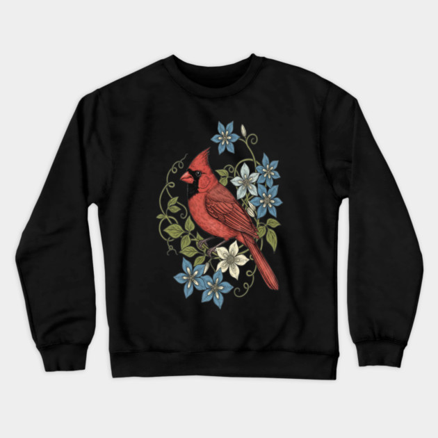 Vintage Cardinal Clematis Botanical Bird Lovers Art Crewneck Sweatshirt by BirdsnStuff