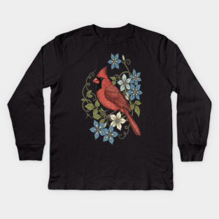 Vintage Cardinal Clematis Botanical Bird Lovers Art Kids Long Sleeve T-Shirt