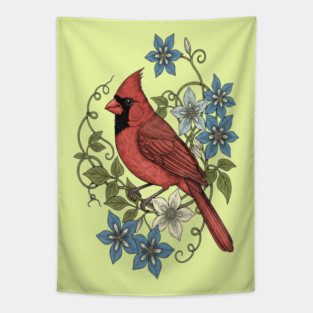 Vintage Cardinal Clematis Botanical Bird Lovers Art Tapestry
