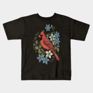 Vintage Cardinal Clematis Botanical Bird Lovers Art Kids T-Shirt