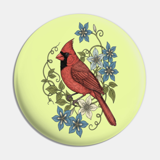 Vintage Cardinal Clematis Botanical Bird Lovers Art Pin by BirdsnStuff