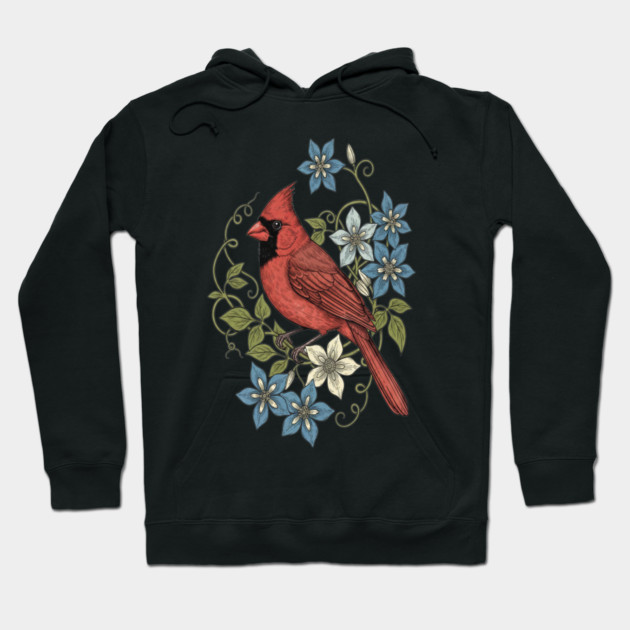 Vintage Cardinal Clematis Botanical Bird Lovers Art Hoodie by BirdsnStuff