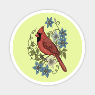 Vintage Cardinal Clematis Botanical Bird Lovers Art Magnet