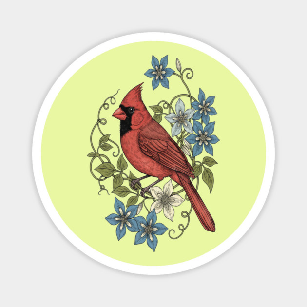 Vintage Cardinal Clematis Botanical Bird Lovers Art Magnet by BirdsnStuff
