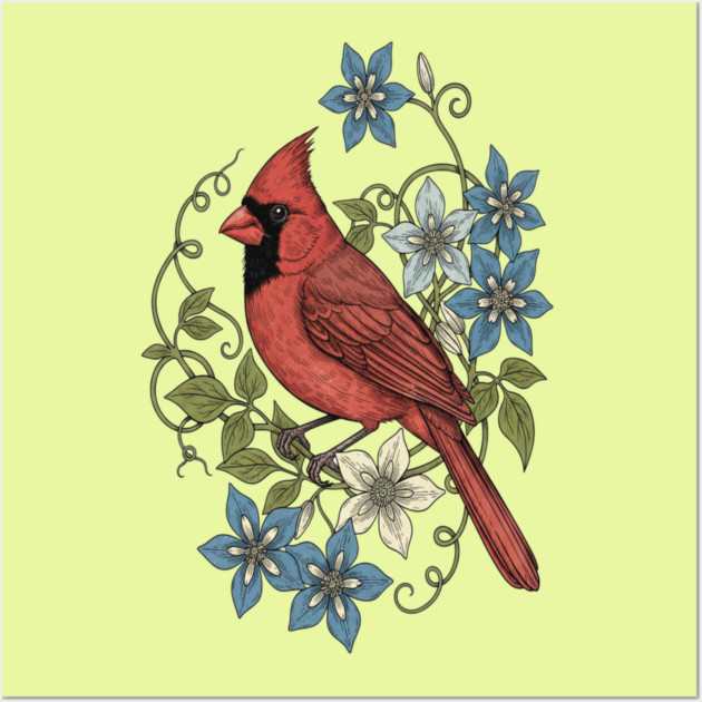 Vintage Cardinal Clematis Botanical Bird Lovers Art Wall Art by BirdsnStuff